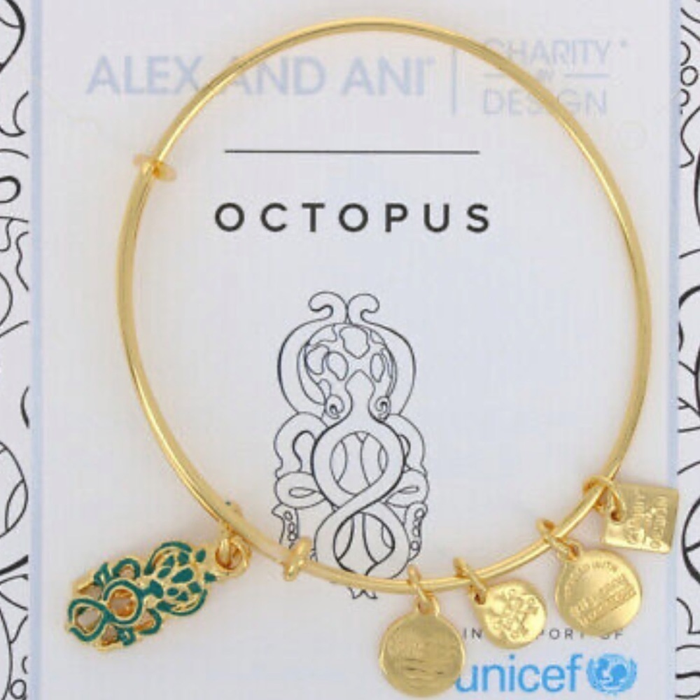 Alex and Ani Octopus UNICEF Bracelets Gold with Green Enamel 2 Bracelets